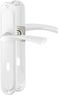 A white and silver door handle set with a lock mechanism, shown against a white background.