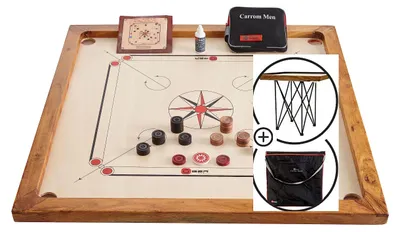 Imagen del producto de Juego de carrom completo, fabricado con madera dura ecológica, que incluye las fichas y la bolsa de transporte