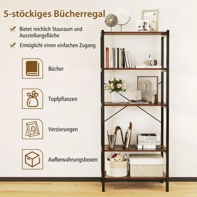 Produktbild von 5-stöckiges Bücherregal aus Holz mit Metallrahmen, 66 x 34 x 161 cm