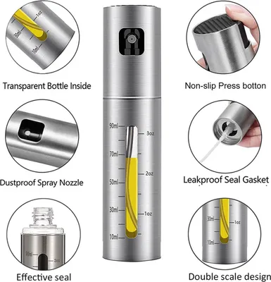 A collage of images showing an oil sprayer, highlighting its features such as the transparent bottle, dustproof nozzle, leakproof seal, and scale markings.