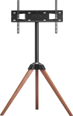 A black TV stand with wooden tripod legs against a white background.