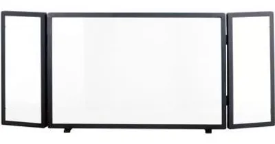 A three-panel fireplace screen with black metal frames and clear glass panels, shown against a white background.