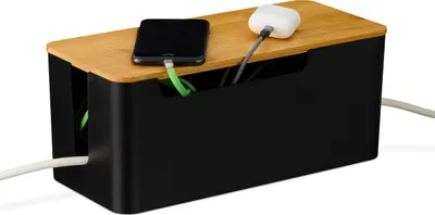 Image de Boîtier de rangement pour 2 multiprises Relaxdays, couvercle en bambou, plastique, dimensions : 13 x 31 x 14 cm, pour dissimuler les câbles, noir/naturel