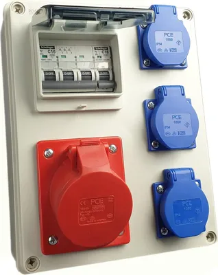 Produktbild von RoadEu Stromverteiler 16A 5P CEE Dosen, 3x 230V Schuko, CEE Verteiler mit Sicherungsautomat C 16A 3P, C16A 1P. Baustromverteiler 16A