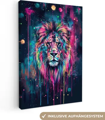Zdjęcie produktu dla MuchoWow® - Obraz na płótnie - Lew - Kolorowy - Kolorowy - Czarny - Zwierzęta, fototapeta, dekoracja ścienna obrazy salon, 60x90cm