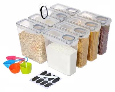 Obrázek produktu pro Relaxdays, sada 8 úložných nádob, s víkem, vzduchotěsných, objem 3,7 litru, vhodné pro müsli, s odměrkou a štítky, plast, průhledné