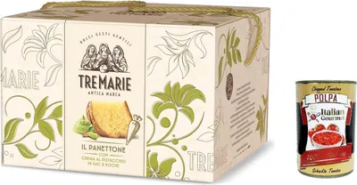 Produktbild von Tre marie Panettone al Pistacchio Weihnachtskuchen mit Pistazien und Zuckerweichteig mit Pistazienwürfeln 950 g + Italian Gourmet polpa 400g