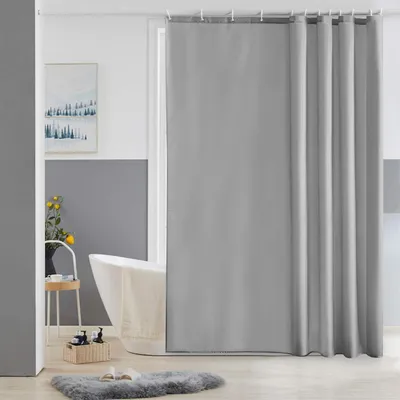 Imagen del producto de Cortina de ducha impermeable, lavable y resistente al moho, fabricada en poliéster, con 12 ganchos, de 180 x 200 cm, en color gris claro