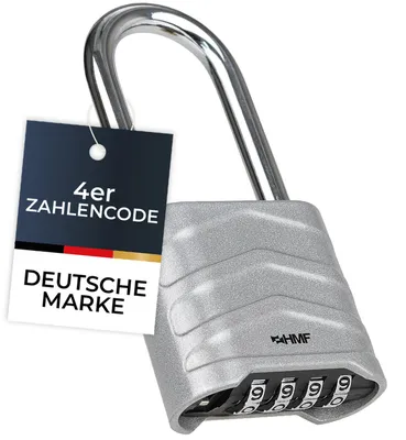 Produktbild von HMF Zahlenschloss Vorhängeschloss mit hohem Bügel, Schloss mit 4-stelligem Zahlencode aus Aluminiumlegierung, 5,6 x 2,6 x 11,7 cm, Silber