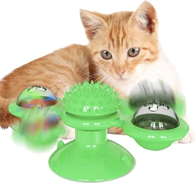 Image de Jouet pour chats moulin à vent, Teasing Pet Toy Jouet interactif pour chats avec balle LED et boule d'herbe à chat, chaton chaton soin brosse à cheveux pour chats (vert)