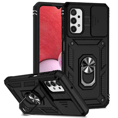 Immagine prodotto di Custodia per Samsung Galaxy A13 4G a doppio strato con copertura scorrevole della fotocamera e supporto ad anello nero