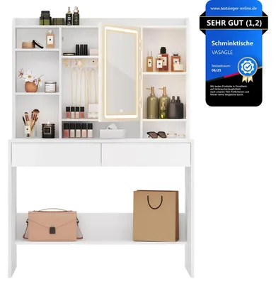 Produktbild von Schminktisch mit Spiegel - RDT123 - LED-Beleuchtung, 3 Farbmodi - Verstellbare Regale - 90x40x145 cm - Ohne Hocker - Weiß