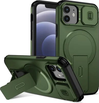 Obrázek produktu pro Magnetické pouzdro pro iPhone 12/iPhone 12 Pro, dvouvrstvé odolné pouzdro s posuvnou ochranou fotoaparátu a nastavitelným stojánkem Zelená