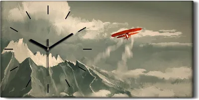 Produktbild von Wandbild Leinwand Bilder mit Uhr Geräuschlos 60x30 Berg Flugzeug Himmel Wolken - schwarze Hände