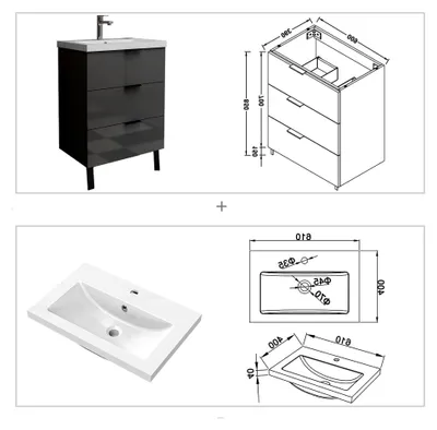 Produktbild von Waschtisch mit Unterschrank 60 cm Badmöbel Set Hochglanz Dunkelgrau