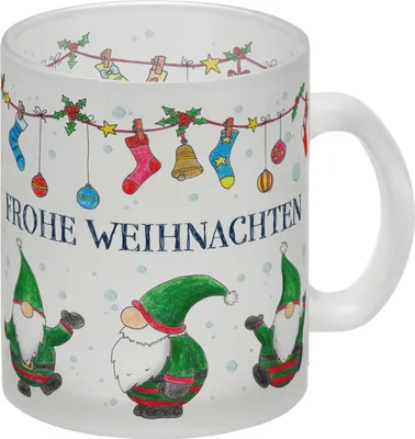Produktbild von Frohe Weihnachten Glas Tasse mit Wichtel Motiv