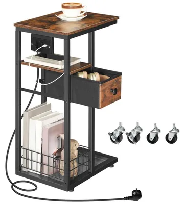 Produktbild von C-Form Beistelltisch mit integrierter Ladestation, Nachttisch mit Rollen und Schublade, Vintagebraun/Schwarz