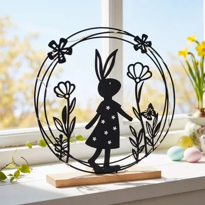 Produktbild von LED Deko Aufsteller Ostern Metall Schwarz Hase Blume MDF Holz Osterdeko Tischdeko