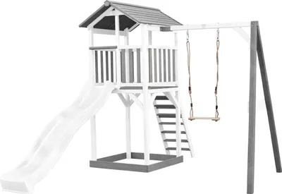 Produktbild von AXI Beach Tower Spielturm aus Holz in Weiß & Grau | Spielhaus für Kinder mit weißer Rutsche, Schaukel und Sandkasten | Stelzenhaus für den Garten