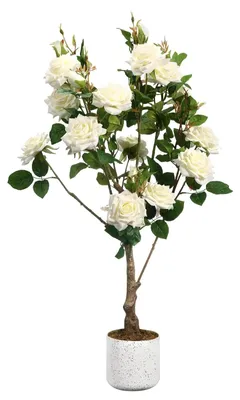 Produktbild von Künstlicher Rosenbaum - Topfpflanze - Realistische Blüten - Bodenstehende Zimmerdekoration - 80 cm Höhe - 1 Stück - Weiß