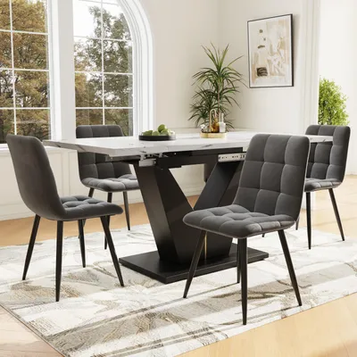 Immagine prodotto di Set tavolo da pranzo Sweiko (5 pezzi), set tavolo da pranzo con 4 sedie, set tavolo da cucina moderno con piano allungabile, gambe a V nere, piano tavolo bianco marmorizzato, sedie da pranzo in velluto grigio