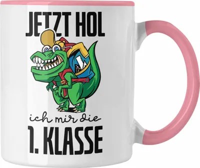 Produktbild von Trendation - Tasse Einschulung Dino T-rex Motiv Geschenk für Jungs in der 1. Klasse Schulstart (Rosa)