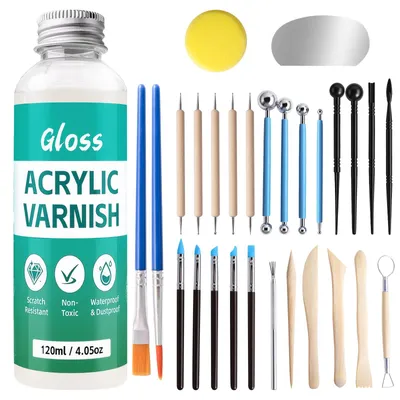 28-teiliges Töpferwerkzeug-Set + 120 ml Klarlack für Ton