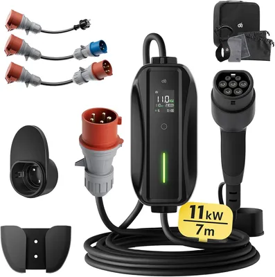 Image de Borne de recharge EV Type 2, 11 kW [7 mètres, triphasée, 6-16A], borne murale mobile avec kit de transport et accessoires