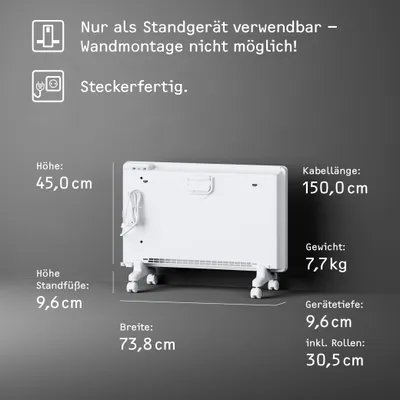 A white electric heater with its dimensions and features listed.