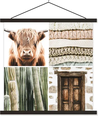 Produktbild von MuchoWow® Textilposter Schottisches Hochlandrind - Kaktus - Holz 60x60 cm mit schwarzem Rahmen - Posteraufhänger