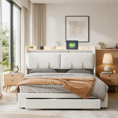 Image de INONEFT Lit hydraulique avec sommier tapissier, dimensions 140x200 cm, avec 1 tiroir, lit double avec éclairage LED et ports USB, lit à ressorts avec espace de rangement dans la tête de lit, revêtement en velours, couleur beige