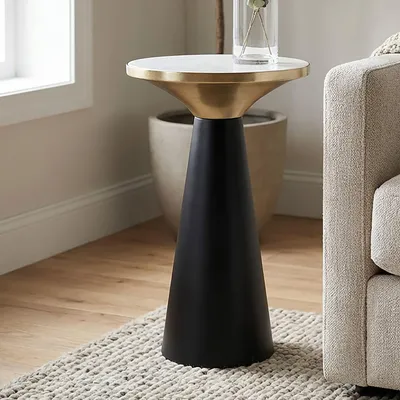 Image de WOHNLING Table d'appoint Aluminium & Marbre 28 cm ronde - Petite table d'appoint ronde Métal Noir Design Table de salon Table décorative Table basse Fait main