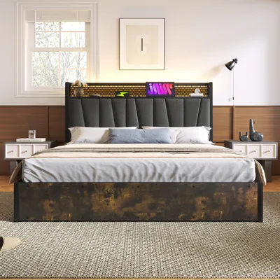 A bedroom scene featuring a bed with a headboard and nightstands.