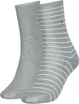 Produktbild von Tommy Hilfiger damessokken Small Stripe (2-pack), uni en gestreept katoen, grijs melange met wit