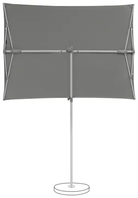 A rectangular patio umbrella is shown from a back view, standing on a circular base.