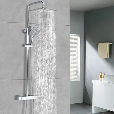 Produktbild von Chrom Duschsystem Square mit Thermostat, Komplettset Duschzubehör aus Edelstahl mit 25 cm Regenduschkopf und 3 Funktions Handbrause aus Silikon, Duschstange 100-120 cm höhenverstellbar