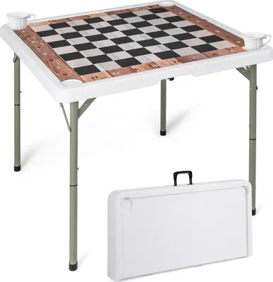 Immagine prodotto di Tavolo da scacchi - Tavolo pieghevole - 90x90 cm - Struttura in metallo - Tappetino da gioco rimovibile - 4 portabicchieri - Maniglia per il trasporto - Portatile - Bianco