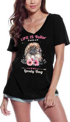 Produktbild von Damen Grafik T-Shirt V-Ausschnitt Das Leben eines Pekinesen ist besser mit einem lieben Hund – Pekingese Life Is Better With A Lovely Dog