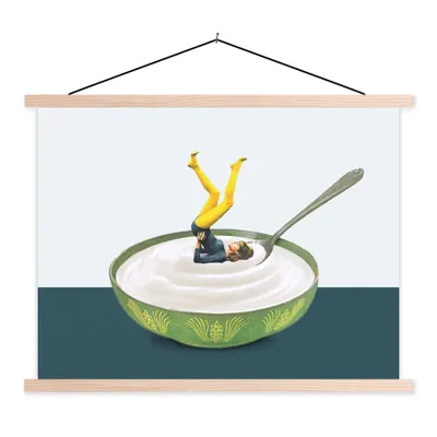 Produktbild von MuchoWow® Textilposter Joghurt - Yoga - Retro 120x90 cm mit holzfarbenen Rahmen - Magnetisch