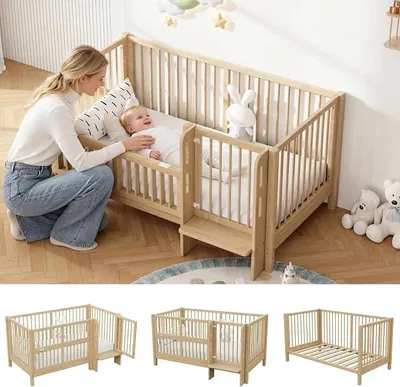 Imagen del producto de Cuna para bebé con altura ajustable, cuna convertible para crecer con el bebé, cuna auxiliar/cuna para niños de 70x140 con barandilla de protección, fabricada en madera maciza