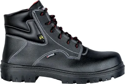A black work boot is shown against a white background.