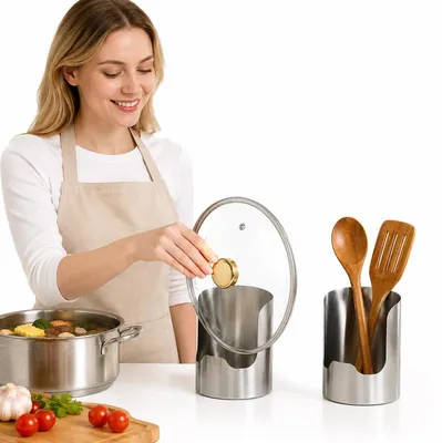 Produktbild von Küchen Utensilienhalter 2‑er Set aus Edelstahl, Topfdeckel‑ und Schneidebrett‑Ständer, stabiler Ablagehalter für Löffel und Küchenhelfer