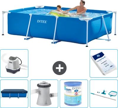 Produktbild von Intex-Schwimmbecken mit rechteckigem Rahmen – 260 x 160 x 65 cm – Blau – im Lieferumfang enthalten Abdeckung - Filterpumpe für Schwimmbad - Filter - Reinigungskit - Salzwassersystem - Poolsalz