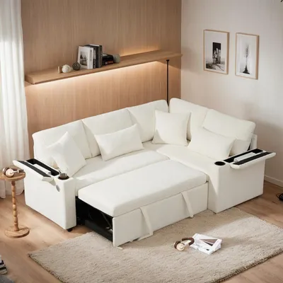Produktbild von (Weiß) L-förmiges Schlafsofa mit Stauraum, Getränkehaltern, USB-Ladeanschluss, Armlehnenablage und 4 Kissen – Ausziehbares Ecksofa für Wohnzimmer, Gästezimmer oder Heimkino