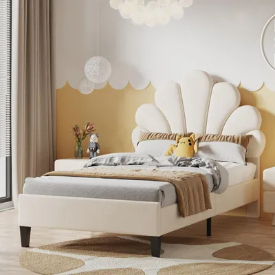 Image de Lit bébé INONEFT 90x200 cm avec sommier à lattes, lit avec tête de lit rembourrée en forme de fleur, lit simple pour adolescent, velours, beige