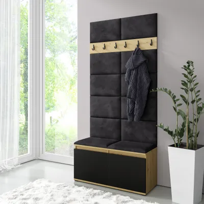 Produktbild von Garderoben-Set "Luka" mit Schuhregal und Polsterplatten, Ideal für Flur und Eingangsbereich (Artisan/Schwarz, Trinity 16)