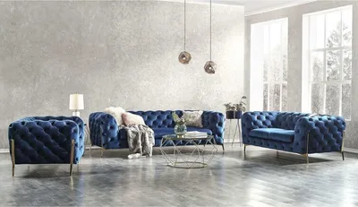 Produktbild von S-STYLE MÖBEL - Chesterfield Polstergarnitur 3+2+1 Nova mit Goldene Metall Füßen aus Marineblau Samtstoff, B/T/H: 3er - 243 cm/ 100 cm/ 75 cm