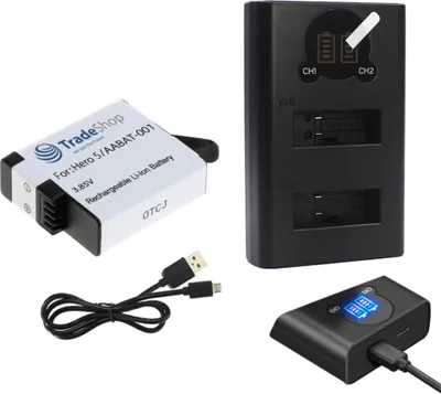 Produktbild von Trade-Shop 2in1 Set: Akku + USB-C Doppel Dual LCD Schnell-Ladegerät für 2 Akkus passend für AABAT-001 AHDBT-501 601-10197-000 Akku