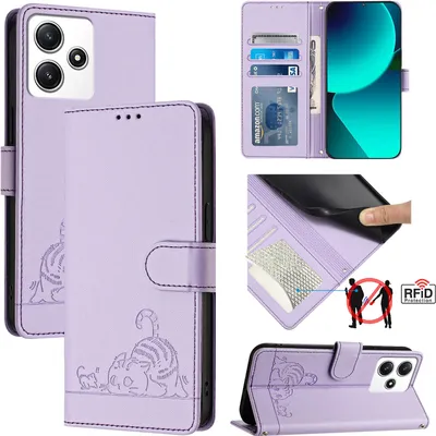 Produktbild von Leder Hülle für Xiaomi Redmi 12 /Poco M6 Pro 5G Süße Katze Flip Case Brieftasche Schutzhülle mit Standfunktion Lila