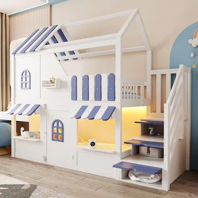 Produktbild von okwish Etagenbett 90 x 200 Kinderbett Hausdesign mit Tür und Fenstern, Stauraumleiter,Bettgestell mit LED-Beleuchtung, Hochbett mit Regale Kinderzimmer,Weiß+Blau(mit zwei Matratze)